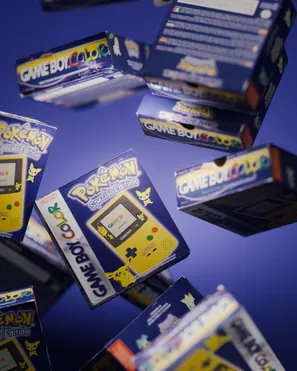 Falling Game Boy Color boxes – 3D render
