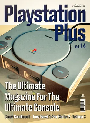 PlayStation Plus magazine cover with 3D PS1 render